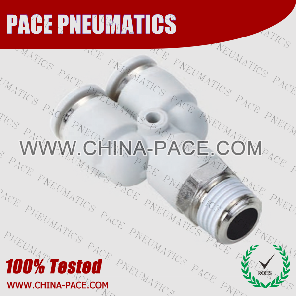 Grey White Male Y Push In Fittings, Composite Pneumatic Fittings, Polymer Air Fittings, Plastic one touch tube fittings, Pneumatic Fitting, Nickel Plated Brass Push in Fittings, pneumatic accessories.